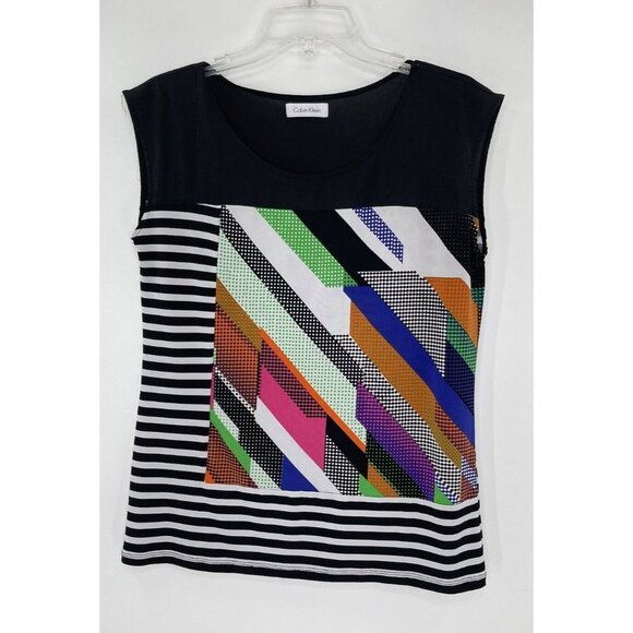 Calvin Klein Abstract Black White Stripes Sleeveless Blouse‎ See Measurements - Picture 1 of 7